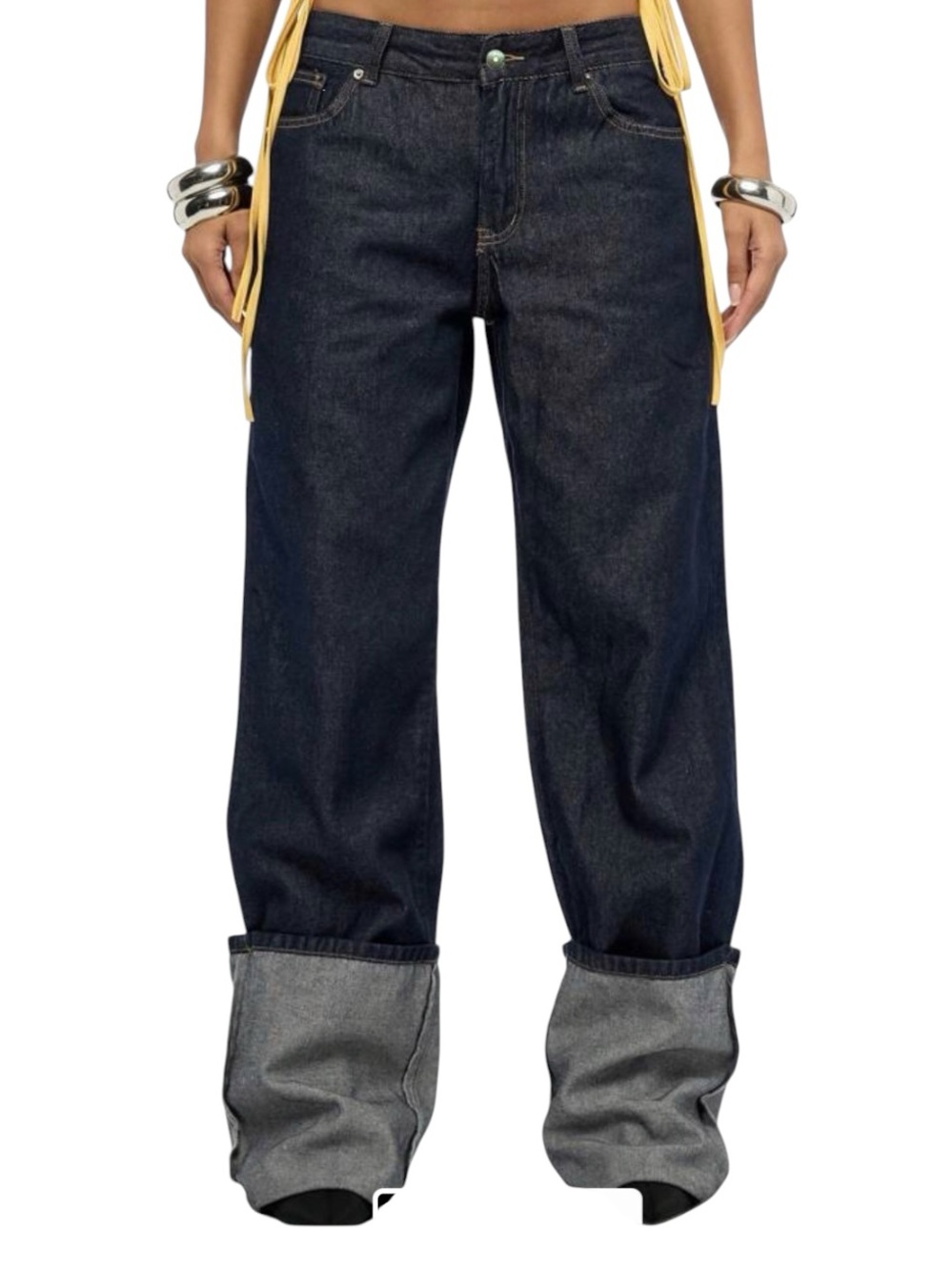 SUMWON WOMEN Turn-Up Wide Leg Raw Denim Jeans - Graphic Logo NY Street Style NWT